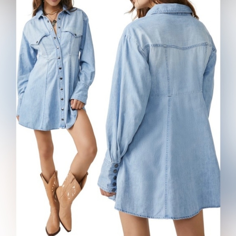 Free People We the Free Sammie Mini Denim Dress Size Small - Picture 6 of 8